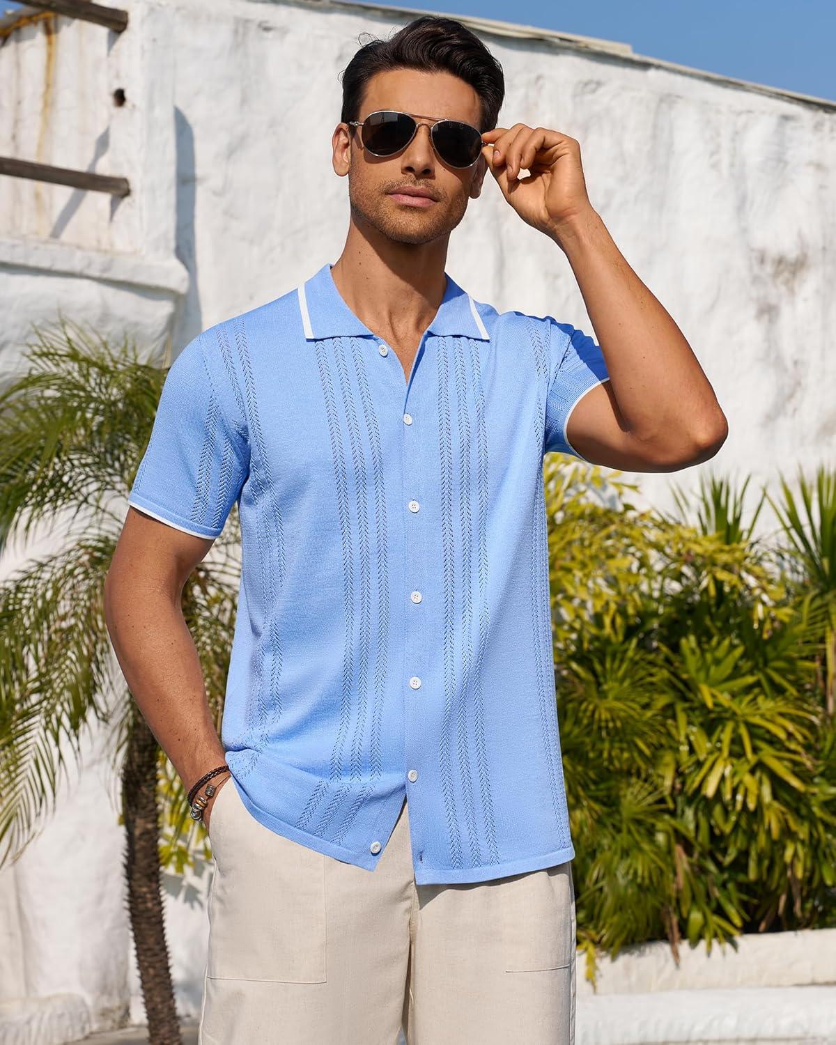 imageAlimens amp Gentle Mens Knit Shirt Short Sleeve Button Down Shirt Textured Casual Summer Beach Polo ShirtsBlue