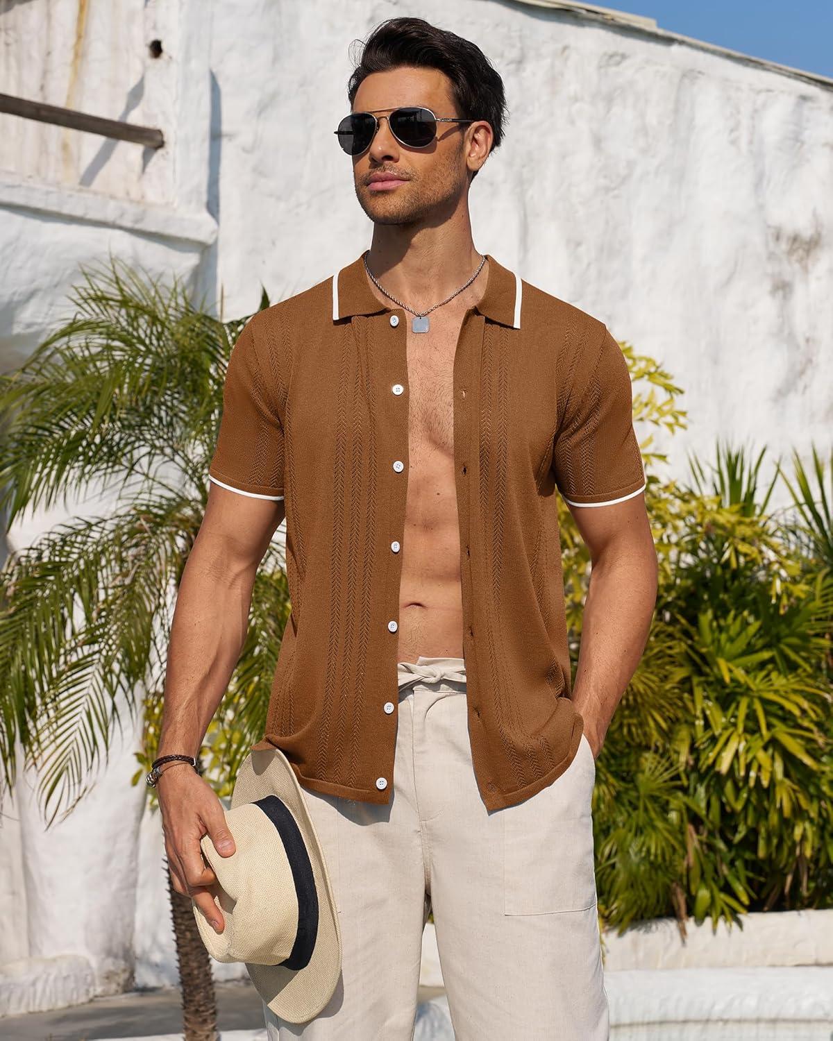 imageAlimens amp Gentle Mens Knit Shirt Short Sleeve Button Down Shirt Textured Casual Summer Beach Polo ShirtsBrown