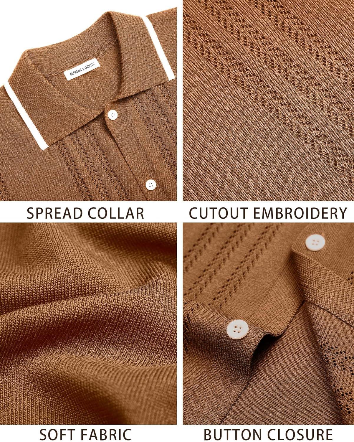 imageAlimens amp Gentle Mens Knit Shirt Short Sleeve Button Down Shirt Textured Casual Summer Beach Polo ShirtsBrown
