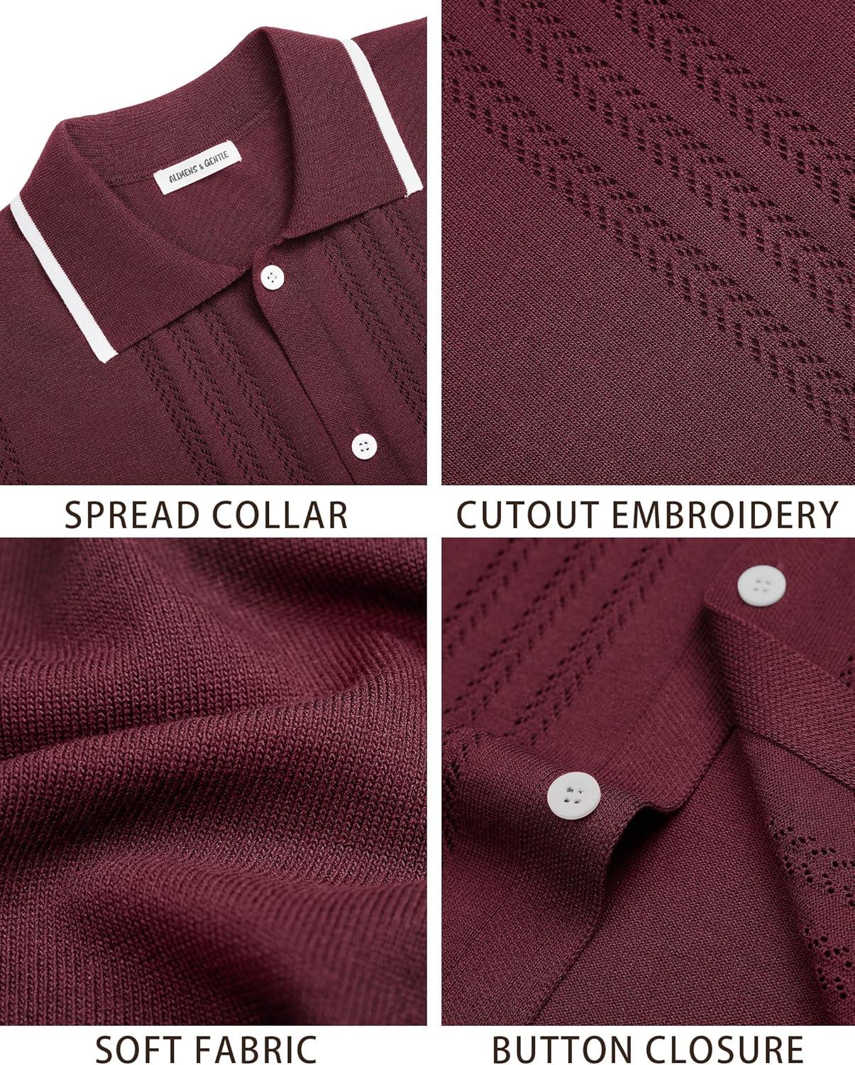 imageAlimens amp Gentle Mens Knit Shirt Short Sleeve Button Down Shirt Textured Casual Summer Beach Polo ShirtsBurgundy