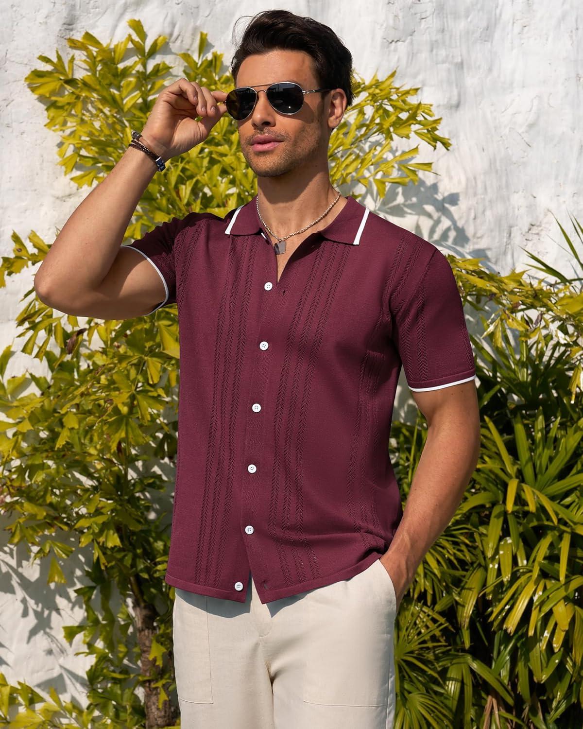 imageAlimens amp Gentle Mens Knit Shirt Short Sleeve Button Down Shirt Textured Casual Summer Beach Polo ShirtsBurgundy
