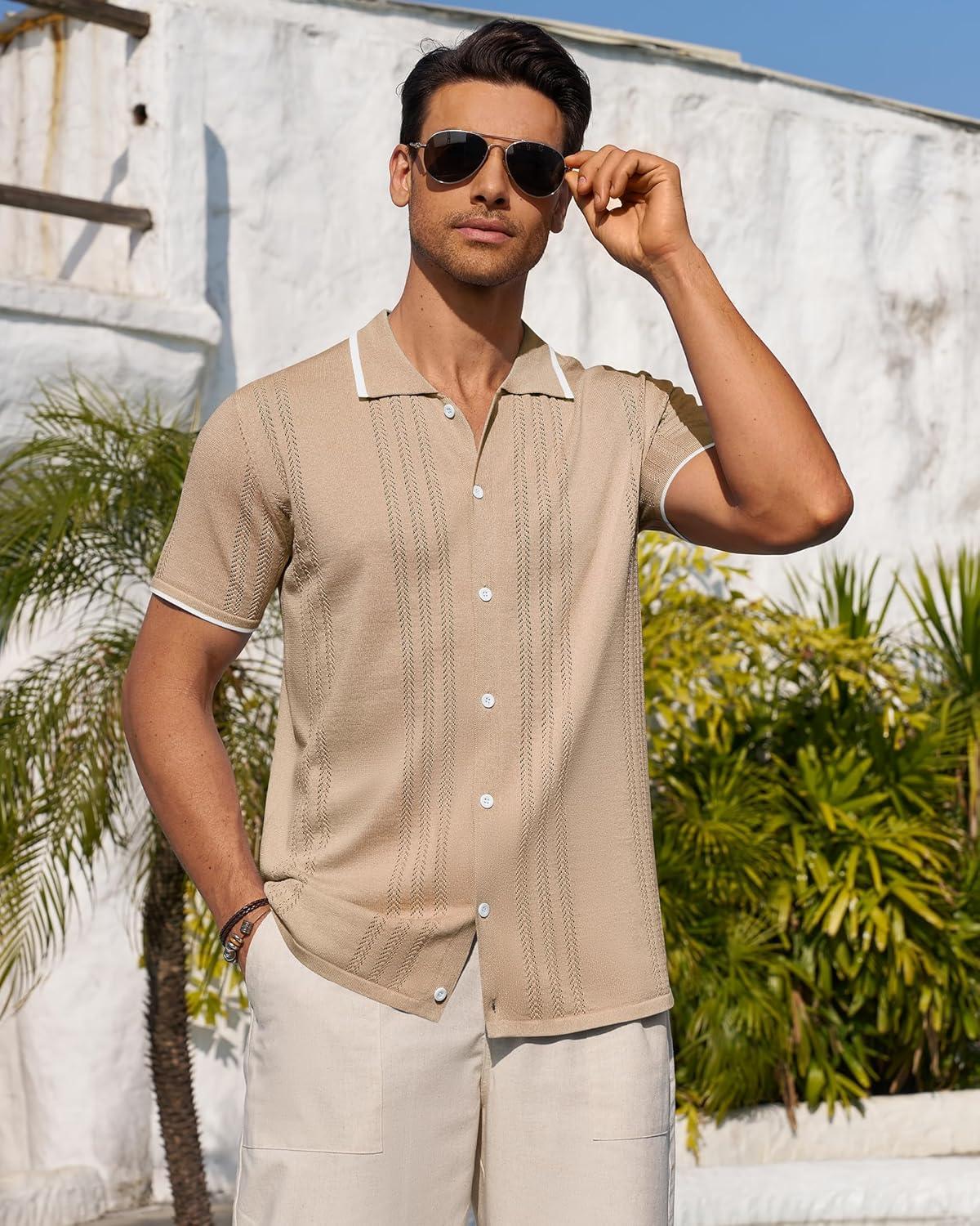 imageAlimens amp Gentle Mens Knit Shirt Short Sleeve Button Down Shirt Textured Casual Summer Beach Polo ShirtsKhaki