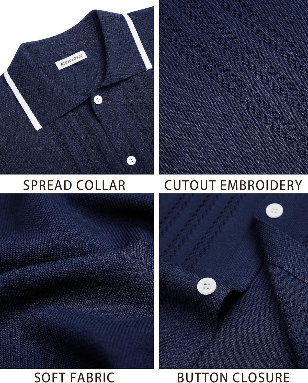 imageAlimens amp Gentle Mens Knit Shirt Short Sleeve Button Down Shirt Textured Casual Summer Beach Polo ShirtsNavy Blue