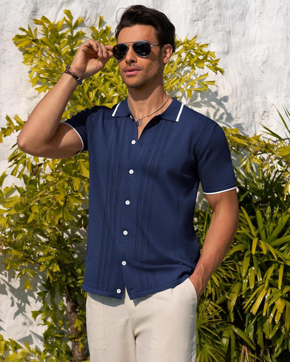 imageAlimens amp Gentle Mens Knit Shirt Short Sleeve Button Down Shirt Textured Casual Summer Beach Polo ShirtsNavy Blue