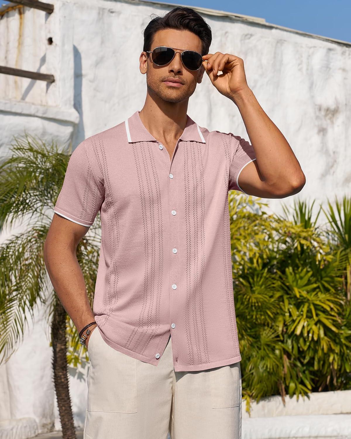 imageAlimens amp Gentle Mens Knit Shirt Short Sleeve Button Down Shirt Textured Casual Summer Beach Polo ShirtsPink