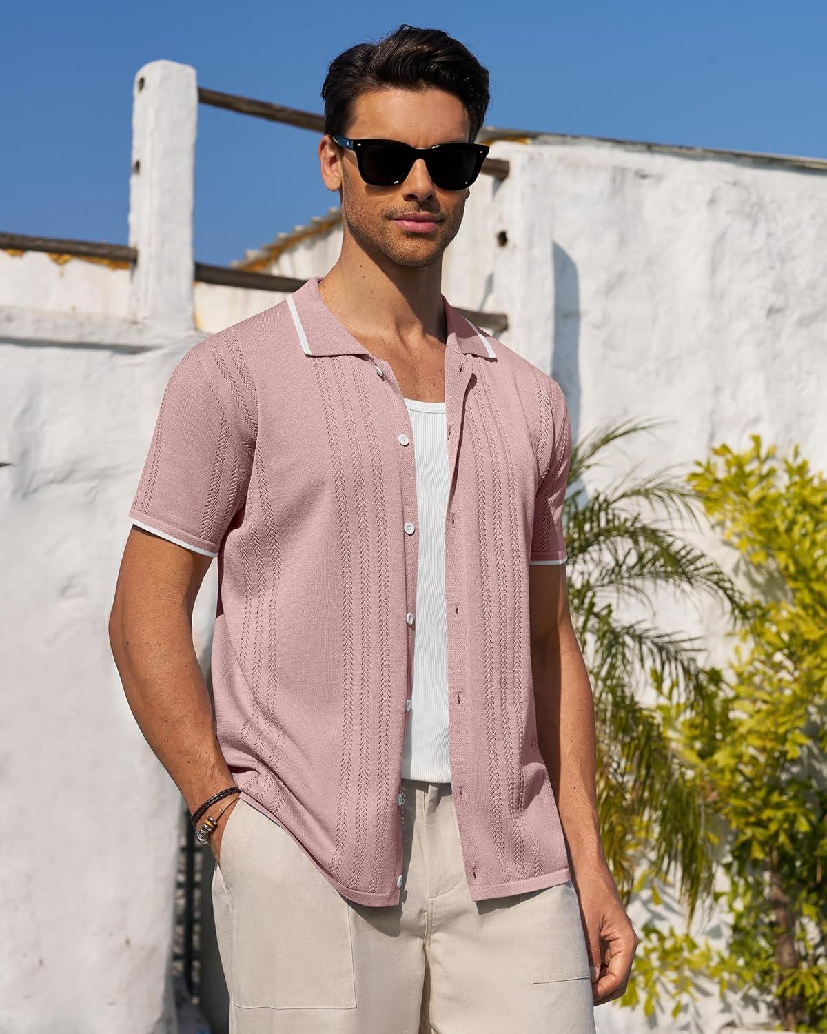 imageAlimens amp Gentle Mens Knit Shirt Short Sleeve Button Down Shirt Textured Casual Summer Beach Polo ShirtsPink