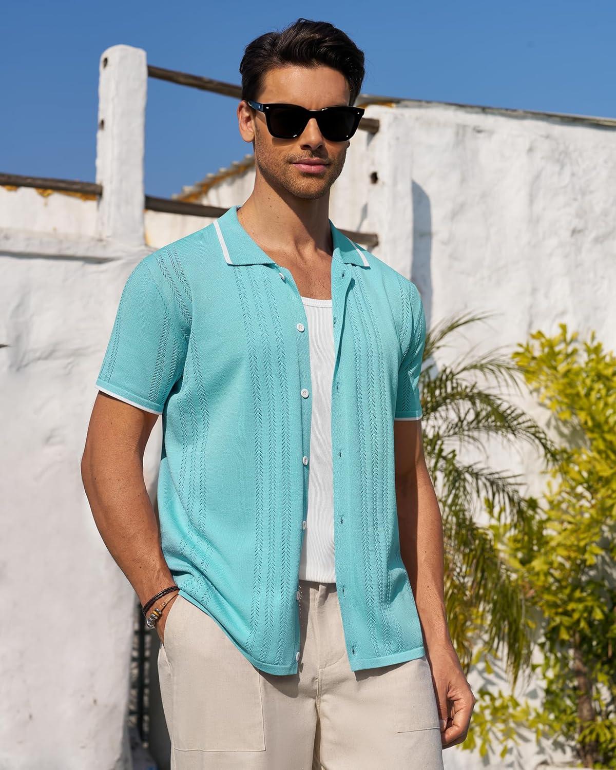imageAlimens amp Gentle Mens Knit Shirt Short Sleeve Button Down Shirt Textured Casual Summer Beach Polo ShirtsTeal