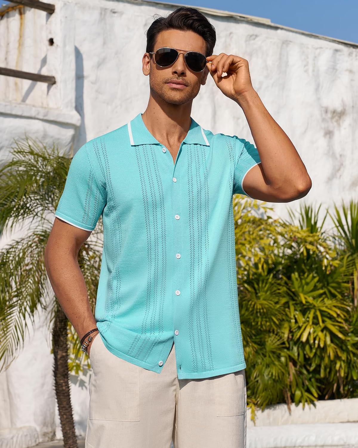 imageAlimens amp Gentle Mens Knit Shirt Short Sleeve Button Down Shirt Textured Casual Summer Beach Polo ShirtsTeal