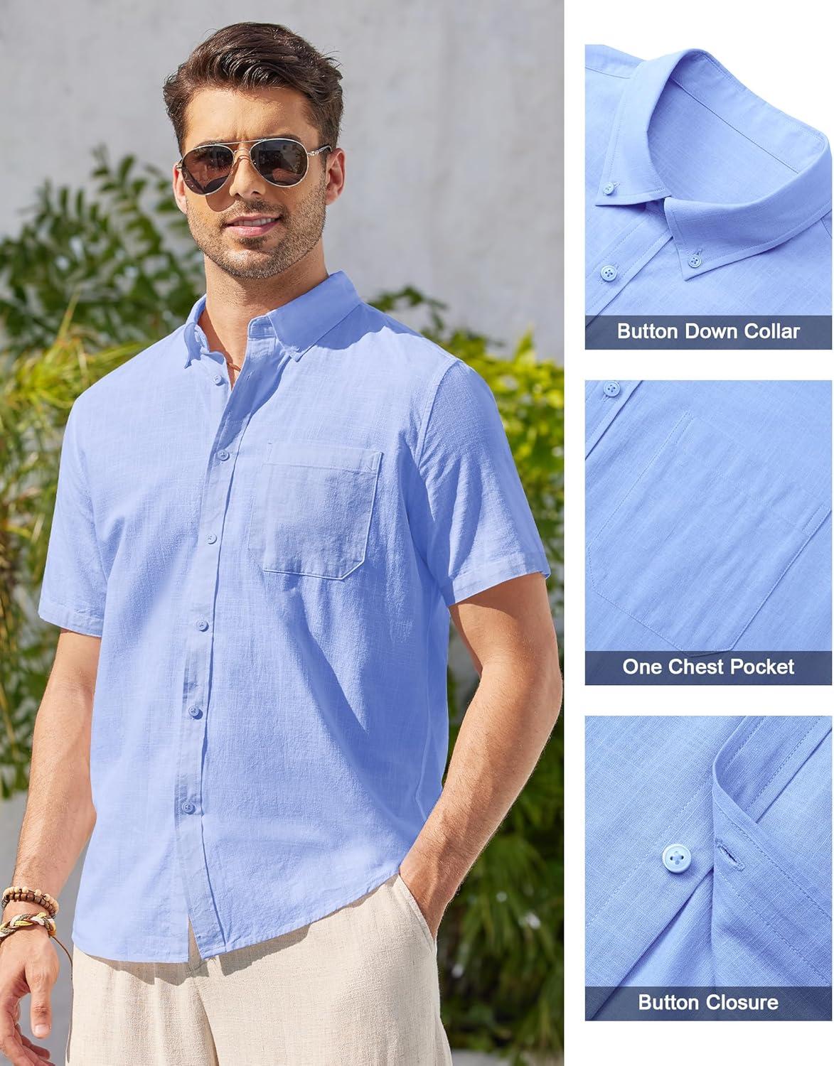 imageAlimens amp Gentle Mens Linen Shirt Short Sleeve Casual Cotton Button Down Shirts Collared Summer ShirtsAzure