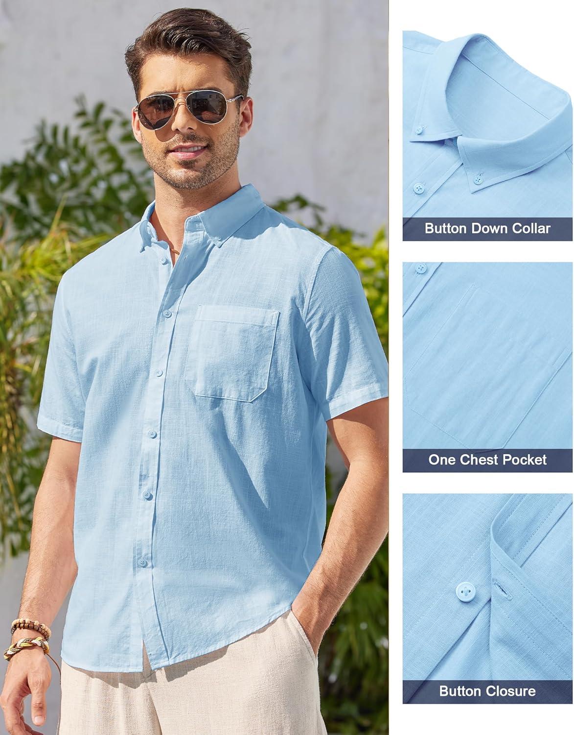 imageAlimens amp Gentle Mens Linen Shirt Short Sleeve Casual Cotton Button Down Shirts Collared Summer ShirtsBlue