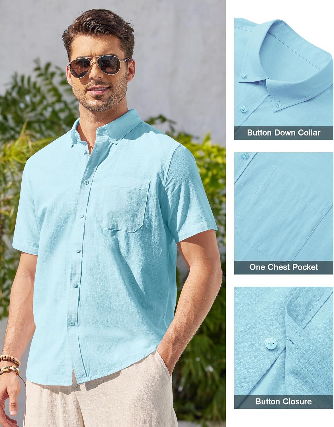 imageAlimens amp Gentle Mens Linen Shirt Short Sleeve Casual Cotton Button Down Shirts Collared Summer ShirtsFluorescent Blue