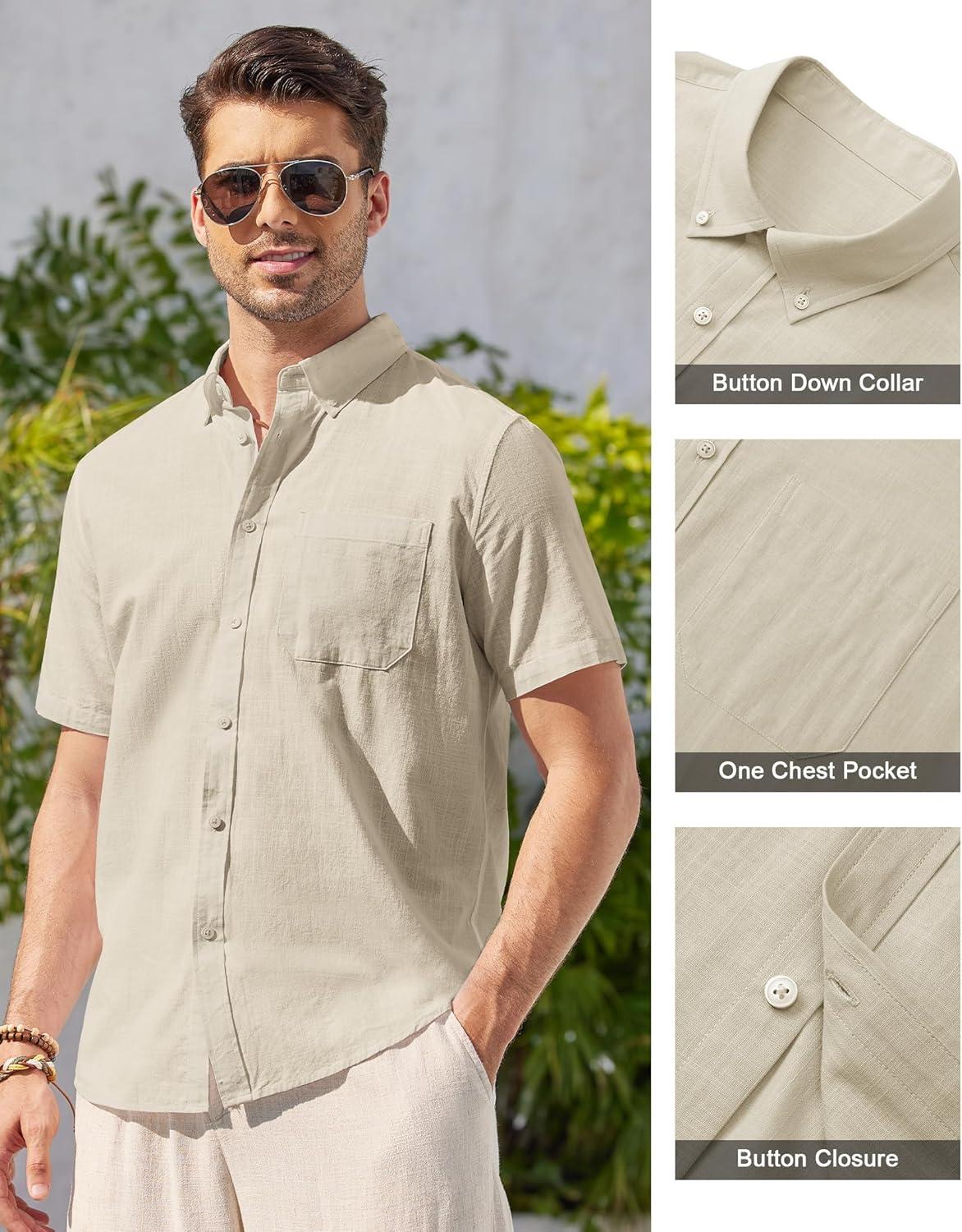imageAlimens amp Gentle Mens Linen Shirt Short Sleeve Casual Cotton Button Down Shirts Collared Summer ShirtsKhaki