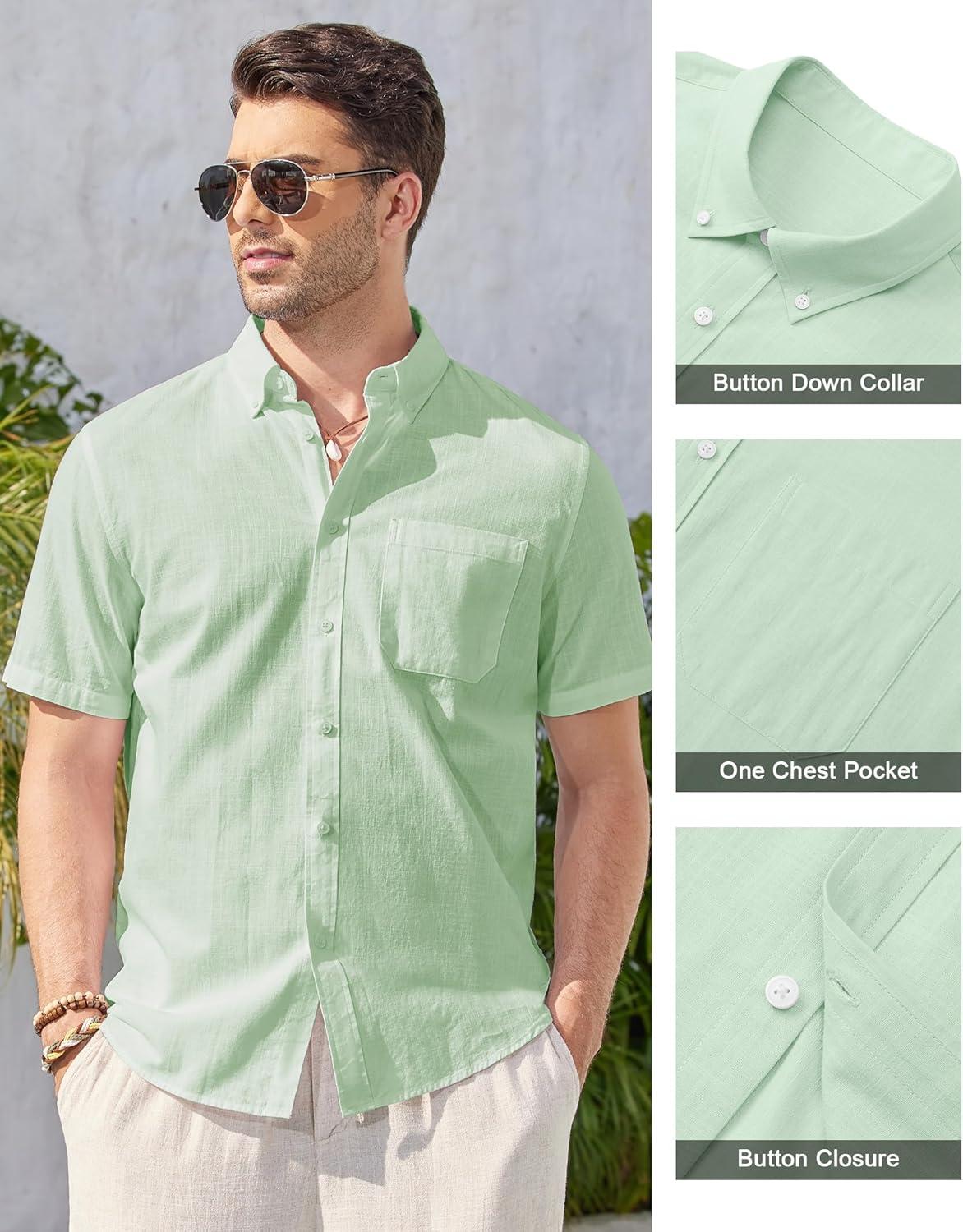 imageAlimens amp Gentle Mens Linen Shirt Short Sleeve Casual Cotton Button Down Shirts Collared Summer ShirtsLight Green