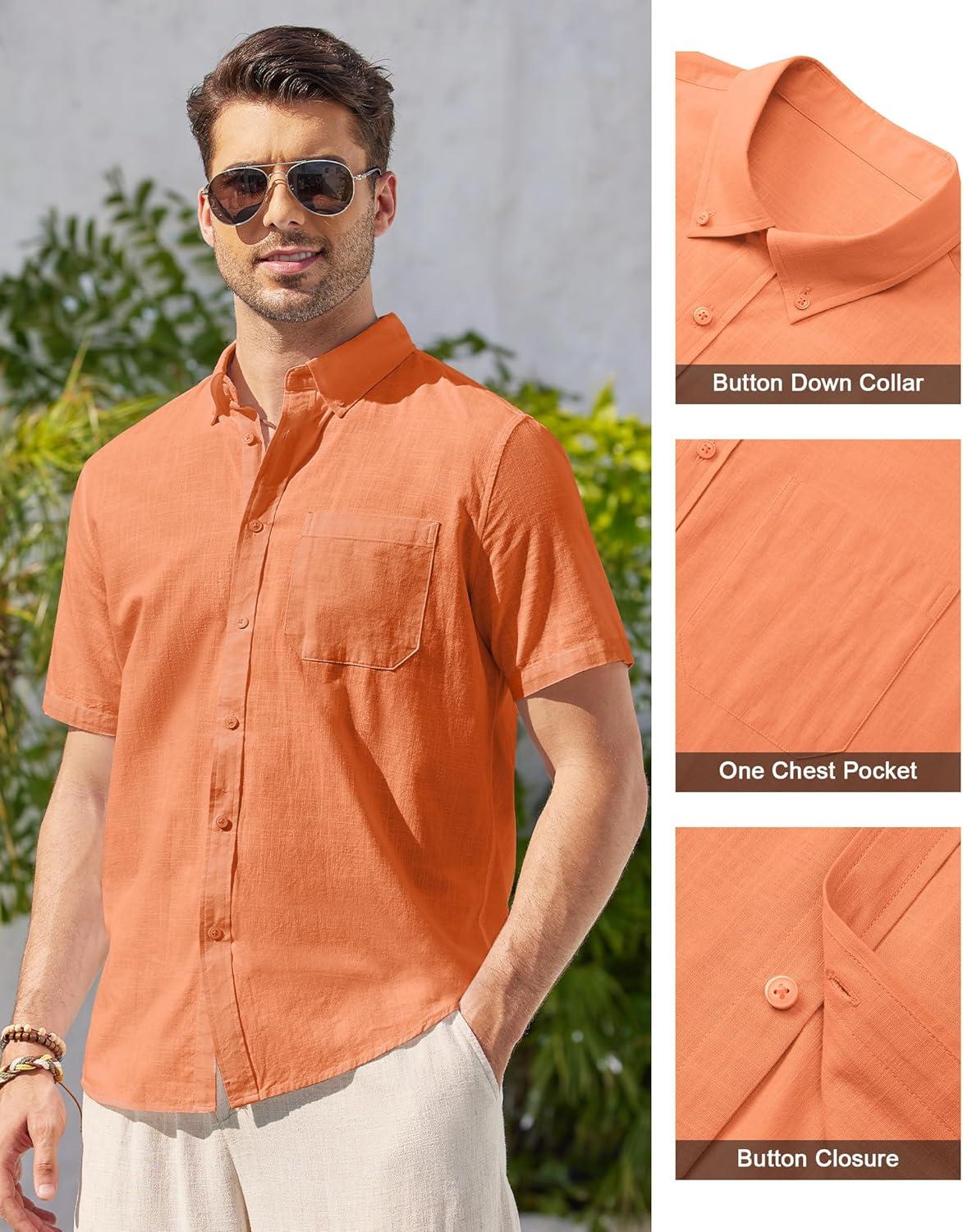 imageAlimens amp Gentle Mens Linen Shirt Short Sleeve Casual Cotton Button Down Shirts Collared Summer ShirtsLight Orange