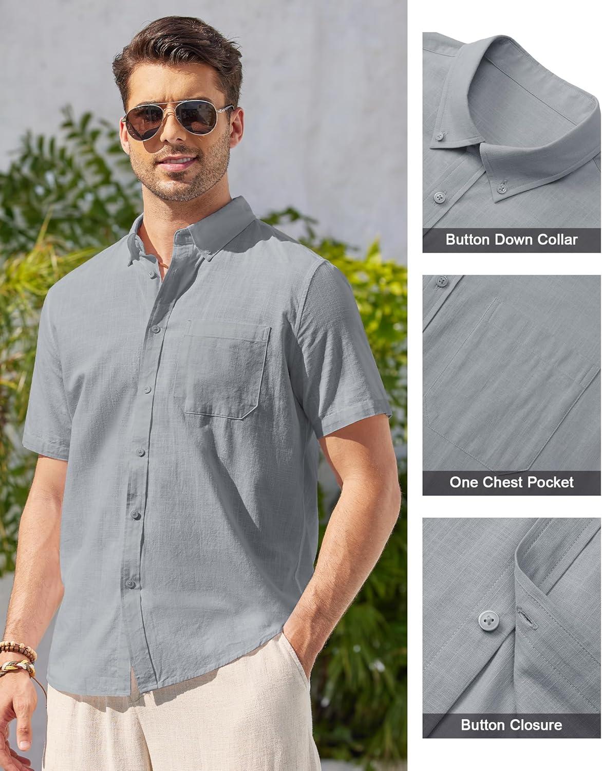 imageAlimens amp Gentle Mens Linen Shirt Short Sleeve Casual Cotton Button Down Shirts Collared Summer ShirtsLividity