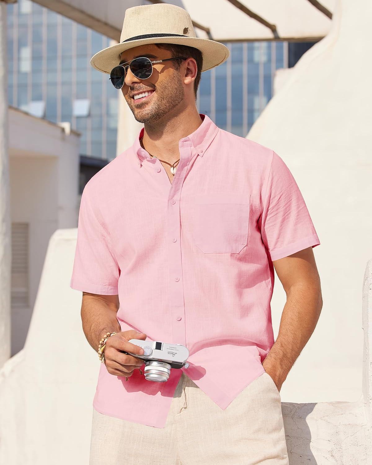 imageAlimens amp Gentle Mens Linen Shirt Short Sleeve Casual Cotton Button Down Shirts Collared Summer ShirtsPink