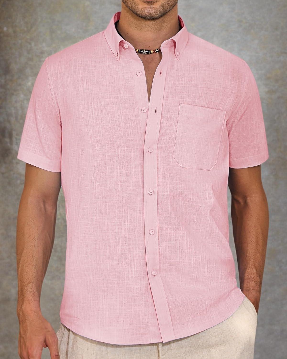 imageAlimens amp Gentle Mens Linen Shirt Short Sleeve Casual Cotton Button Down Shirts Collared Summer ShirtsPink