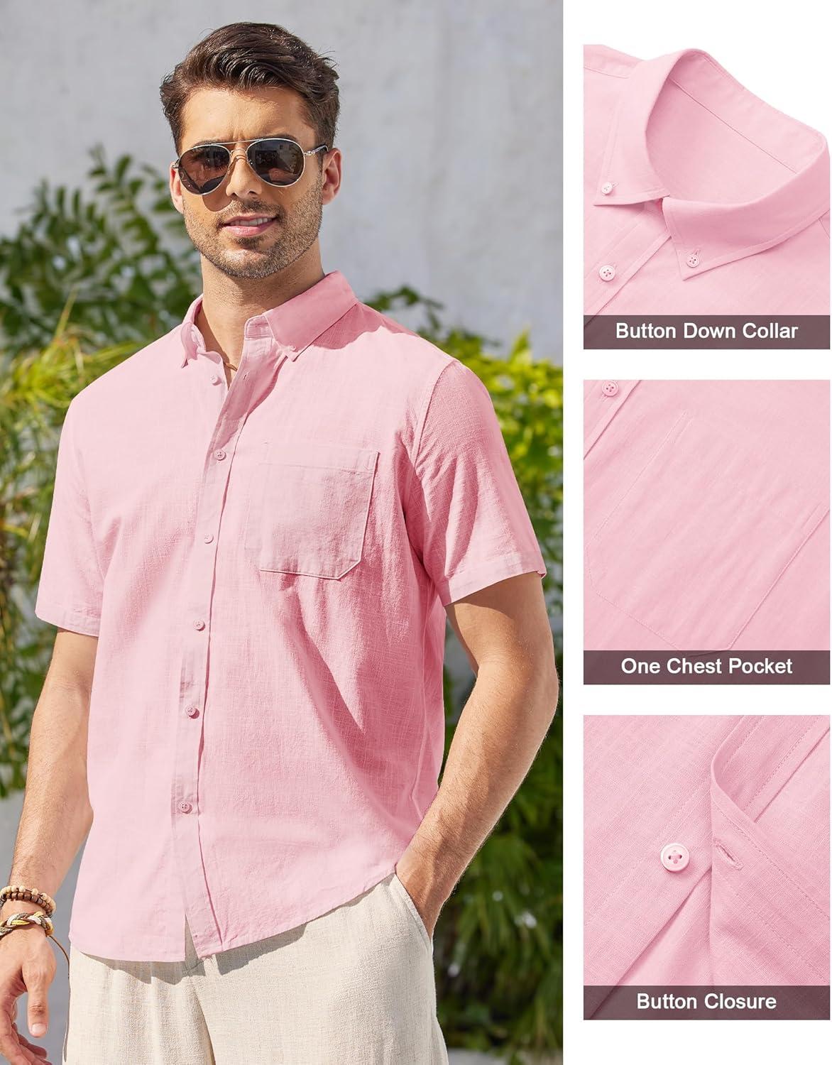 imageAlimens amp Gentle Mens Linen Shirt Short Sleeve Casual Cotton Button Down Shirts Collared Summer ShirtsPink