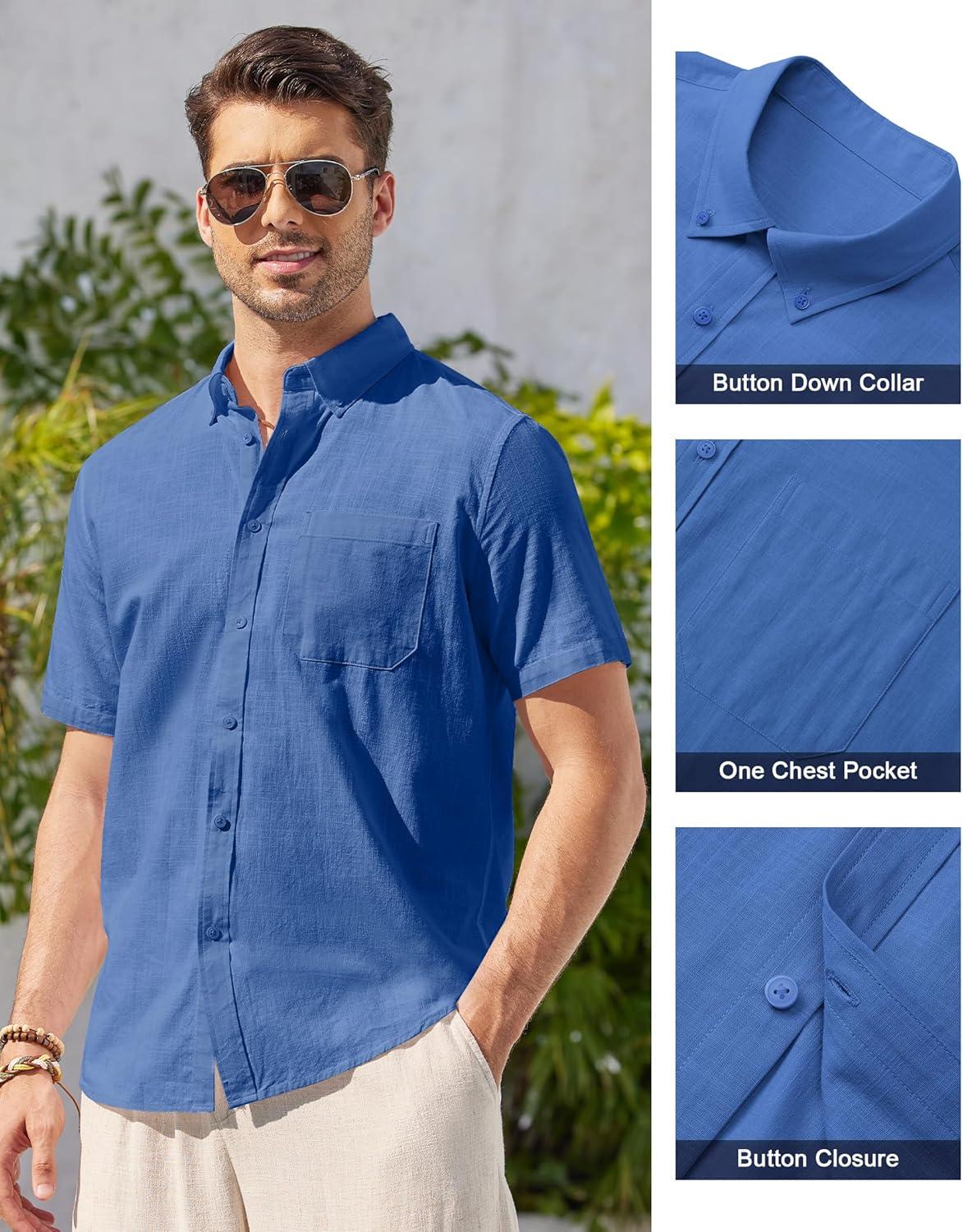 imageAlimens amp Gentle Mens Linen Shirt Short Sleeve Casual Cotton Button Down Shirts Collared Summer ShirtsRoyal Blue