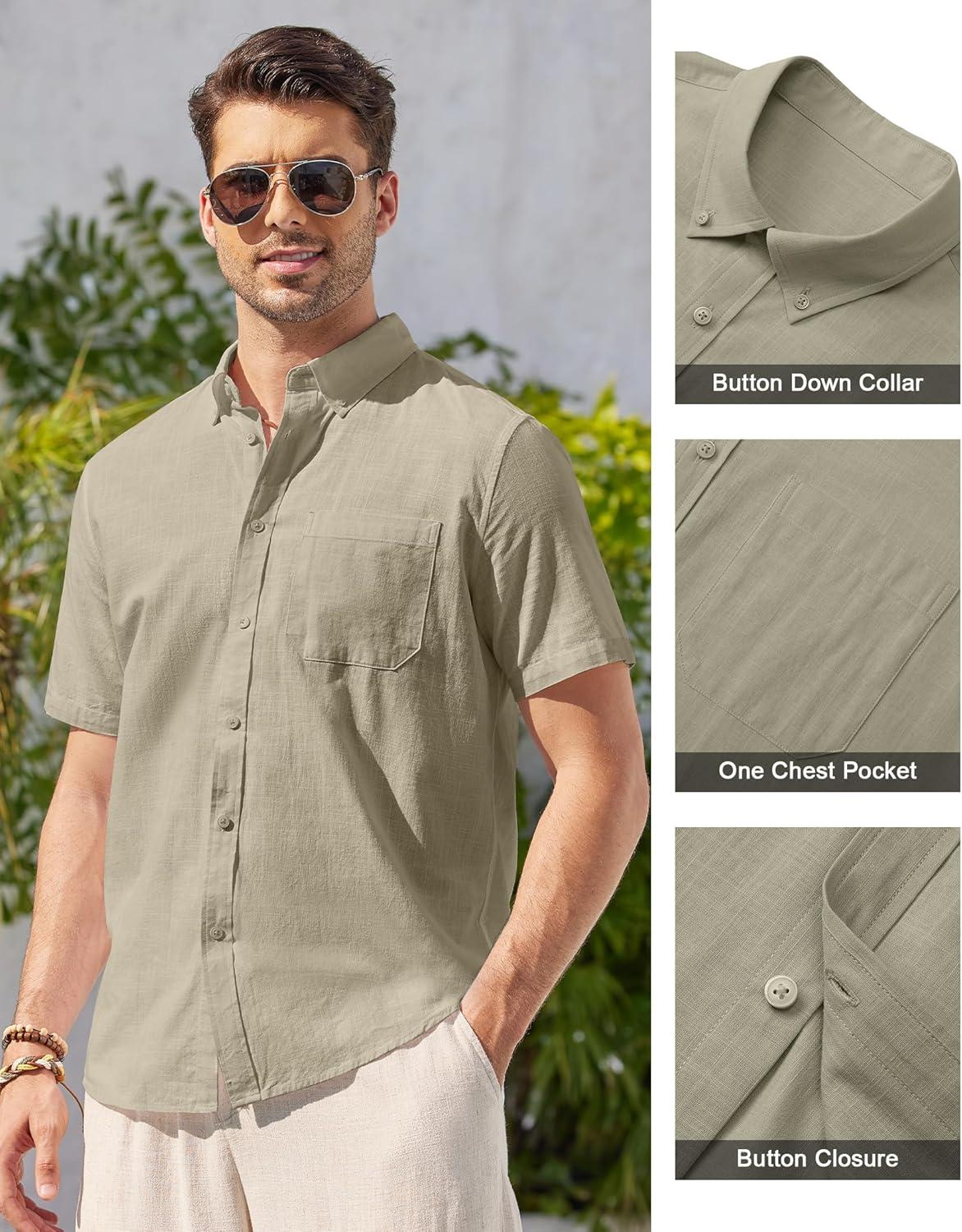 imageAlimens amp Gentle Mens Linen Shirt Short Sleeve Casual Cotton Button Down Shirts Collared Summer ShirtsSandy Beige