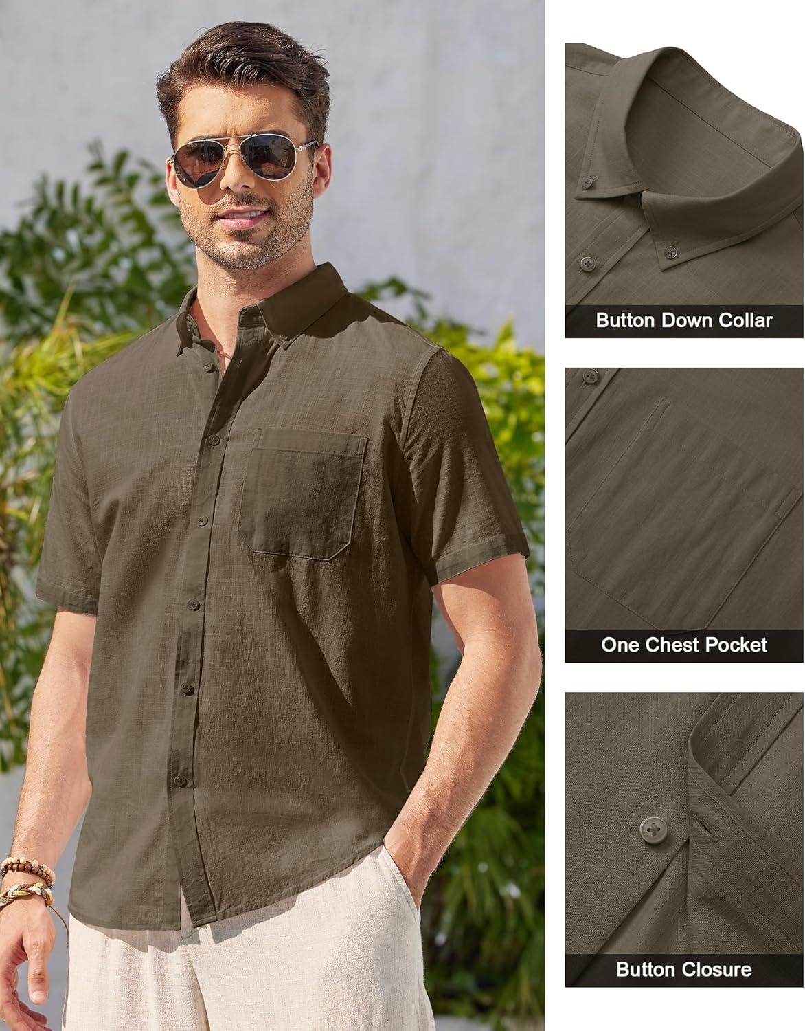 imageAlimens amp Gentle Mens Linen Shirt Short Sleeve Casual Cotton Button Down Shirts Collared Summer ShirtsTan