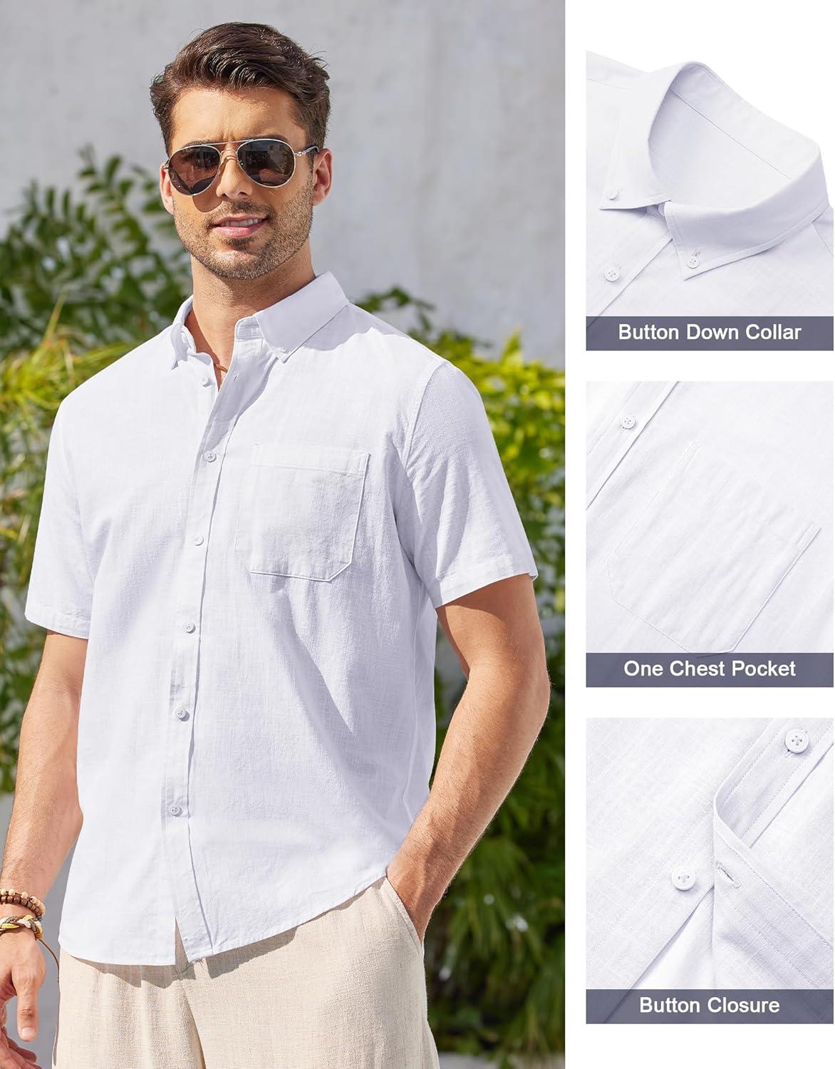 imageAlimens amp Gentle Mens Linen Shirt Short Sleeve Casual Cotton Button Down Shirts Collared Summer ShirtsWhite