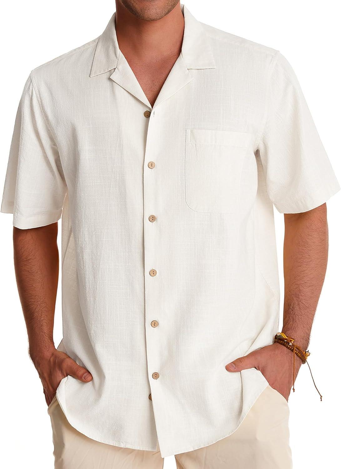 imageAlimens amp Gentle Mens Linen Shirts Cotton Hawaiian Shirts Short Sleeve Button Down Shirts Casual Summer Beach TopsAcreamy White