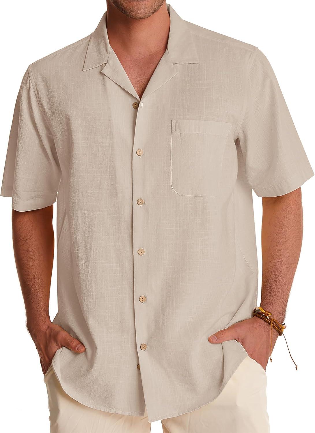 imageAlimens amp Gentle Mens Linen Shirts Cotton Hawaiian Shirts Short Sleeve Button Down Shirts Casual Summer Beach TopsBeige