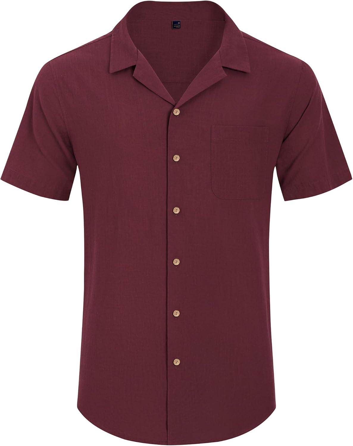 imageAlimens amp Gentle Mens Linen Shirts Cotton Hawaiian Shirts Short Sleeve Button Down Shirts Casual Summer Beach TopsBurgundy