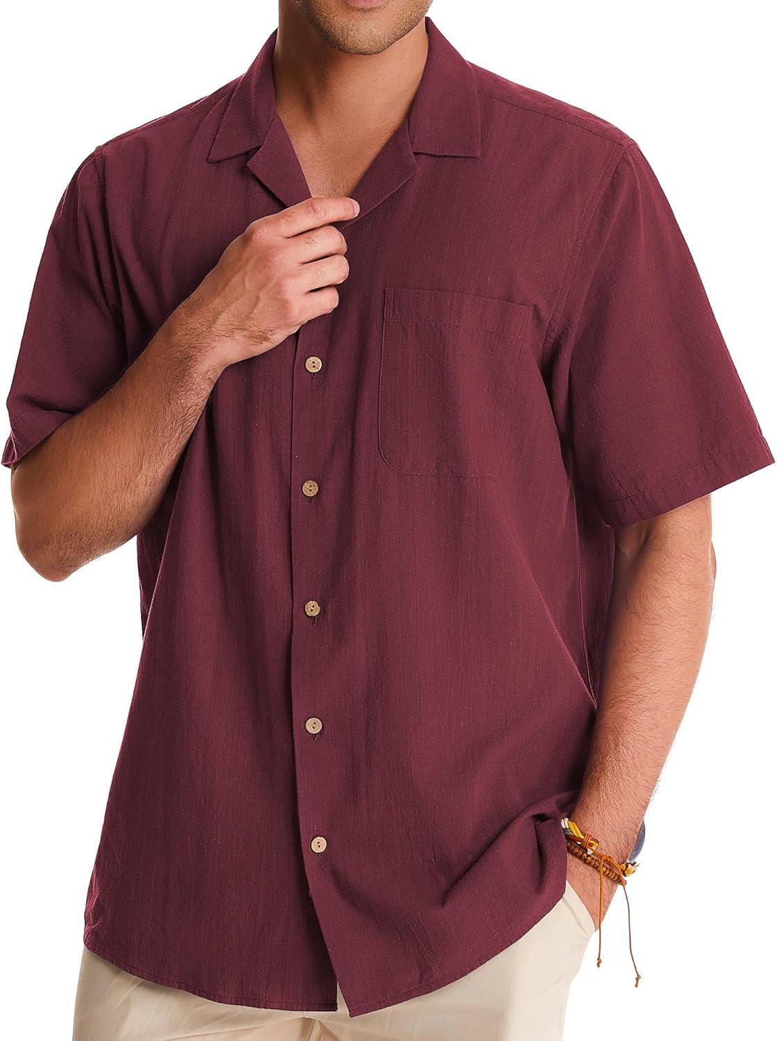imageAlimens amp Gentle Mens Linen Shirts Cotton Hawaiian Shirts Short Sleeve Button Down Shirts Casual Summer Beach TopsBurgundy