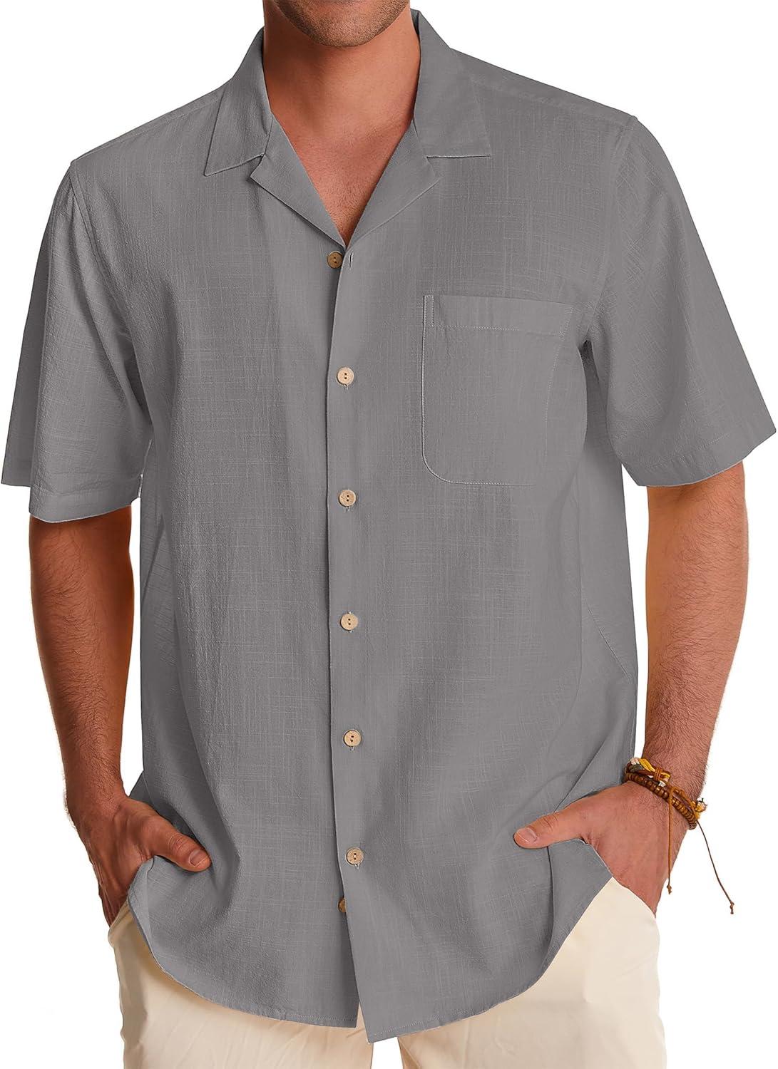 imageAlimens amp Gentle Mens Linen Shirts Cotton Hawaiian Shirts Short Sleeve Button Down Shirts Casual Summer Beach TopsCool Grey