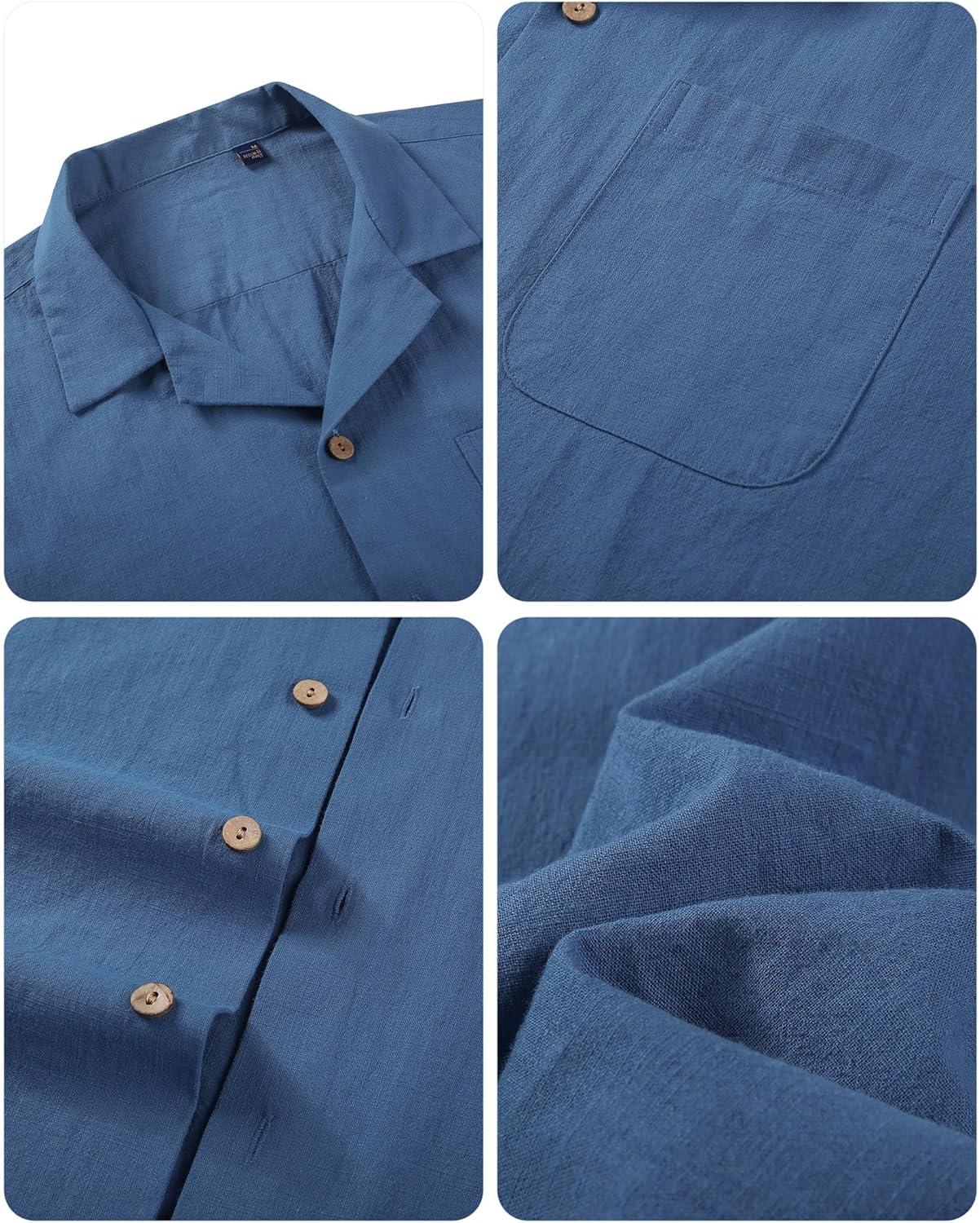 imageAlimens amp Gentle Mens Linen Shirts Cotton Hawaiian Shirts Short Sleeve Button Down Shirts Casual Summer Beach TopsDenim Blue