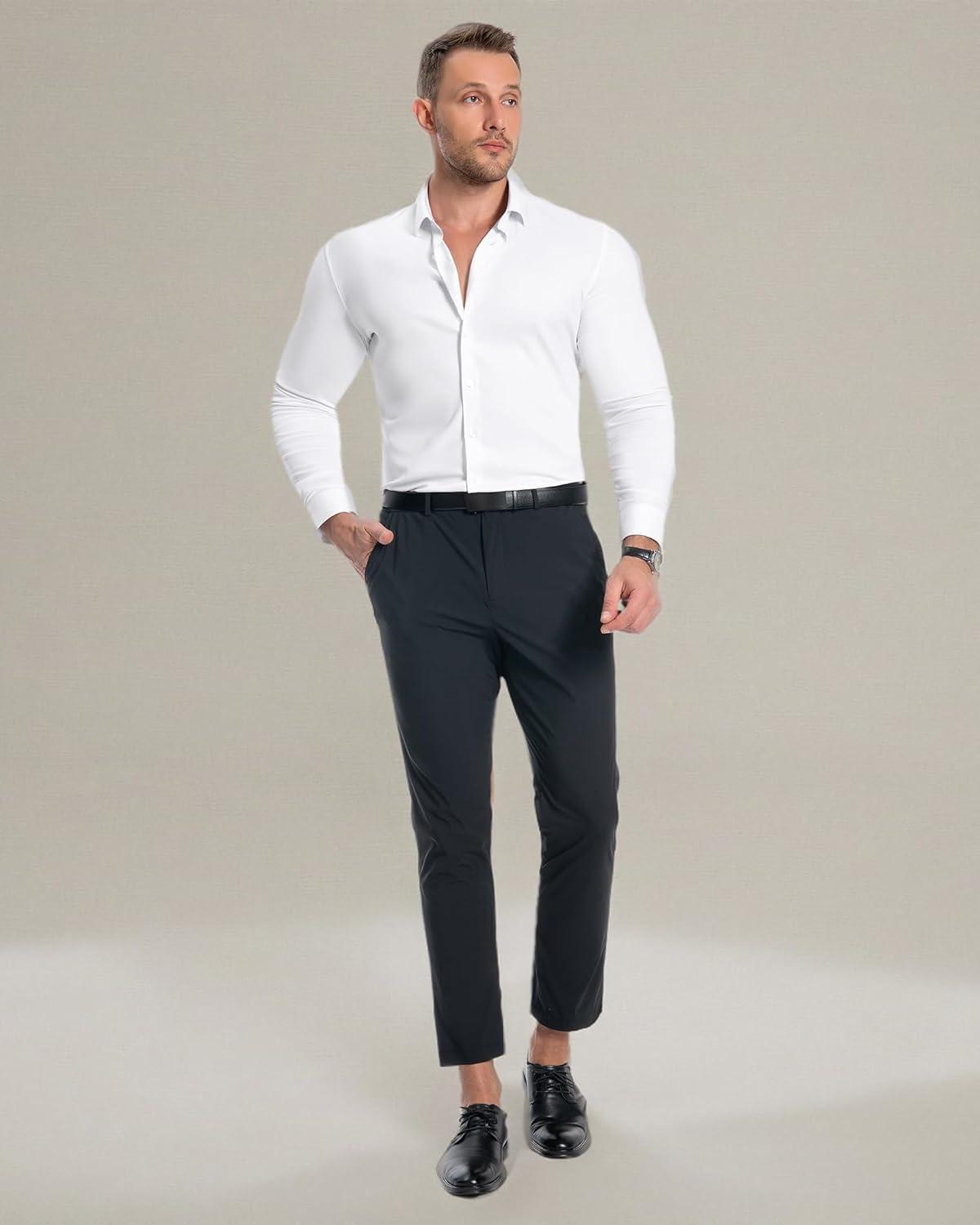 imageAlimens amp Gentle Mens Muscle Fit Dress Shirts Stretch Slim Fit Long Sleeve Button Down Shirts Business Formal Dress ShirtsAll White