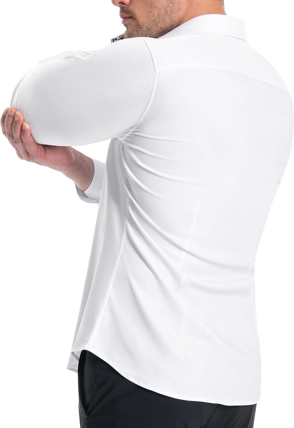 imageAlimens amp Gentle Mens Muscle Fit Dress Shirts Stretch Slim Fit Long Sleeve Button Down Shirts Business Formal Dress ShirtsAll White