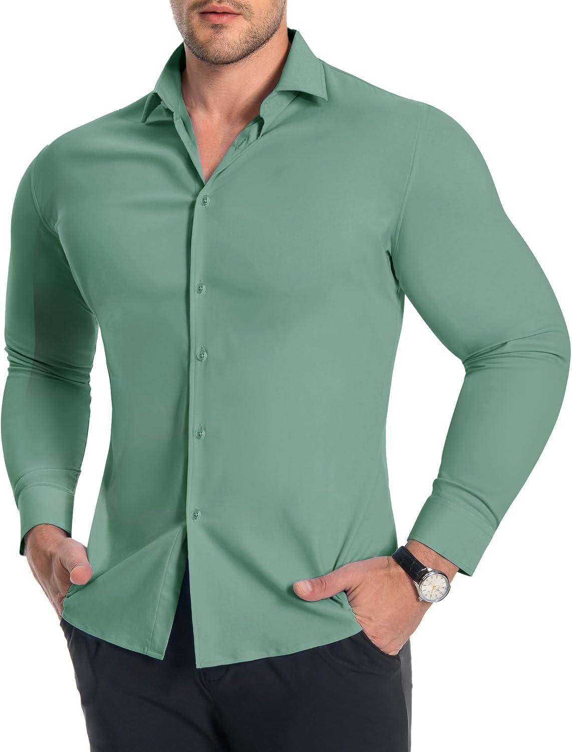 imageAlimens amp Gentle Mens Muscle Fit Dress Shirts Stretch Slim Fit Long Sleeve Button Down Shirts Business Formal Dress ShirtsAqua Green