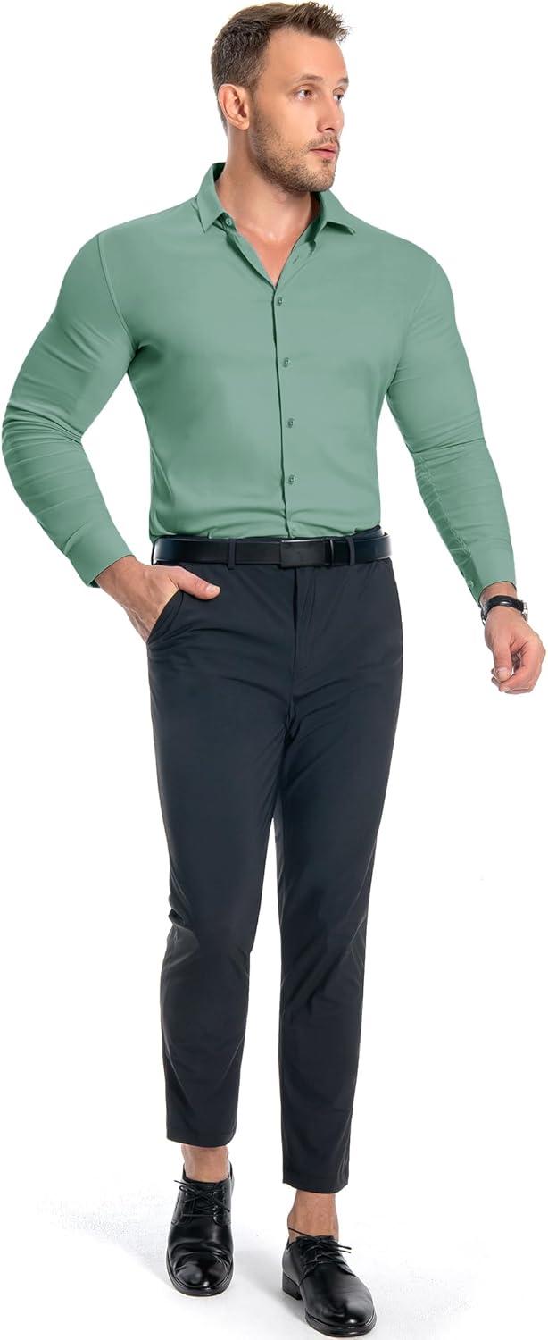 imageAlimens amp Gentle Mens Muscle Fit Dress Shirts Stretch Slim Fit Long Sleeve Button Down Shirts Business Formal Dress ShirtsAqua Green