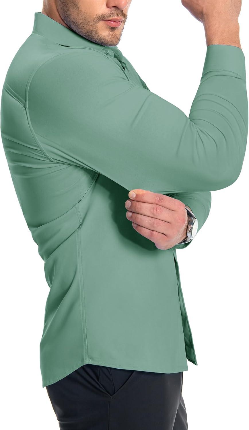 imageAlimens amp Gentle Mens Muscle Fit Dress Shirts Stretch Slim Fit Long Sleeve Button Down Shirts Business Formal Dress ShirtsAqua Green