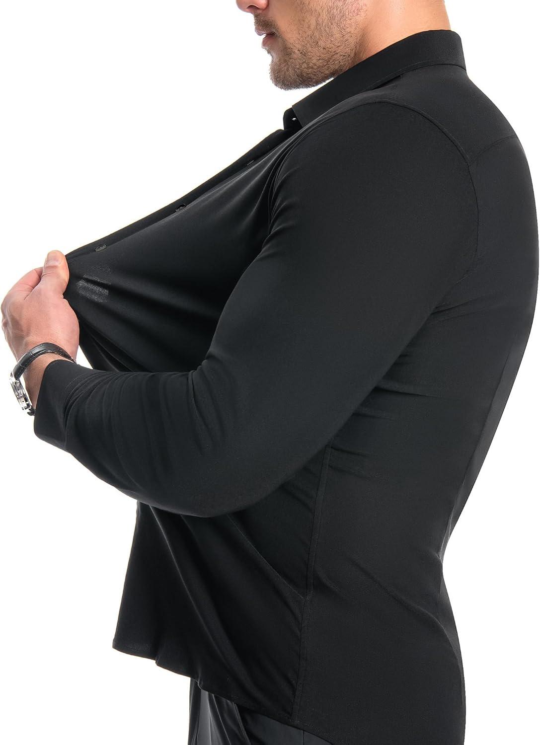 imageAlimens amp Gentle Mens Muscle Fit Dress Shirts Stretch Slim Fit Long Sleeve Button Down Shirts Business Formal Dress ShirtsBlack