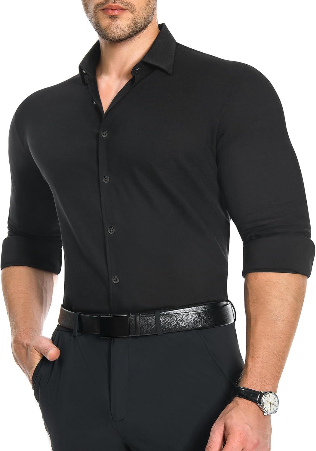 imageAlimens amp Gentle Mens Muscle Fit Dress Shirts Stretch Slim Fit Long Sleeve Button Down Shirts Business Formal Dress ShirtsBlack
