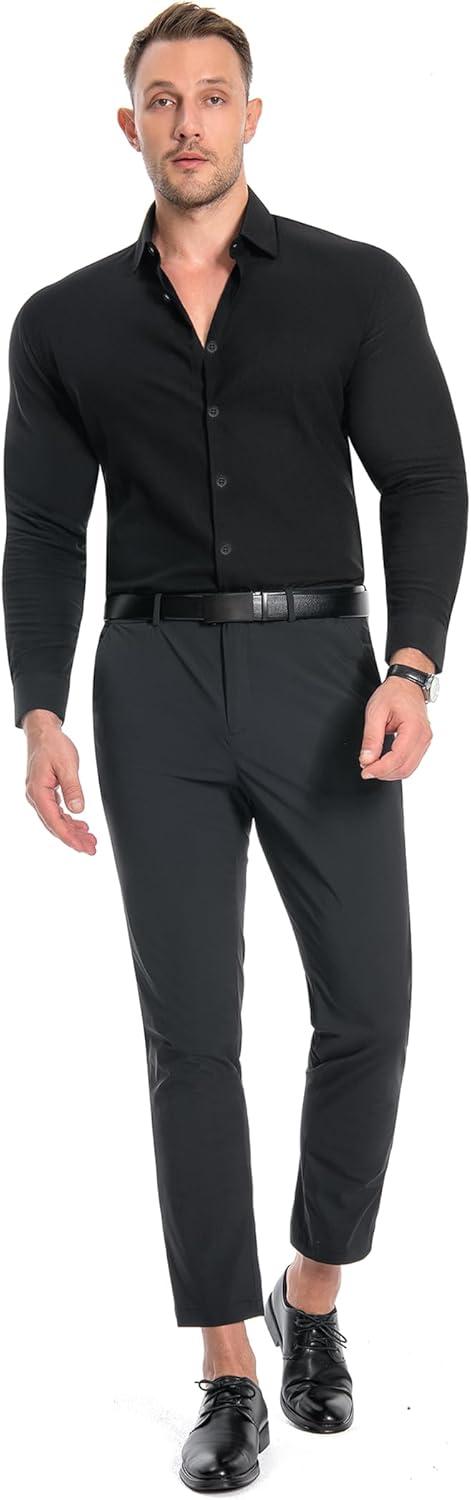 imageAlimens amp Gentle Mens Muscle Fit Dress Shirts Stretch Slim Fit Long Sleeve Button Down Shirts Business Formal Dress ShirtsBlack