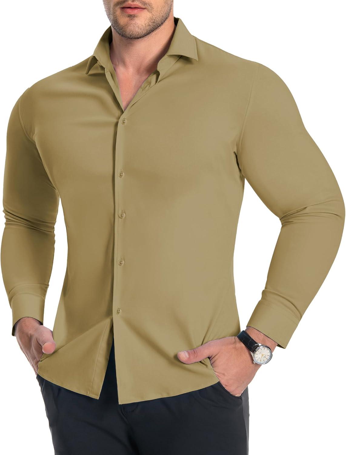 imageAlimens amp Gentle Mens Muscle Fit Dress Shirts Stretch Slim Fit Long Sleeve Button Down Shirts Business Formal Dress ShirtsKhaki