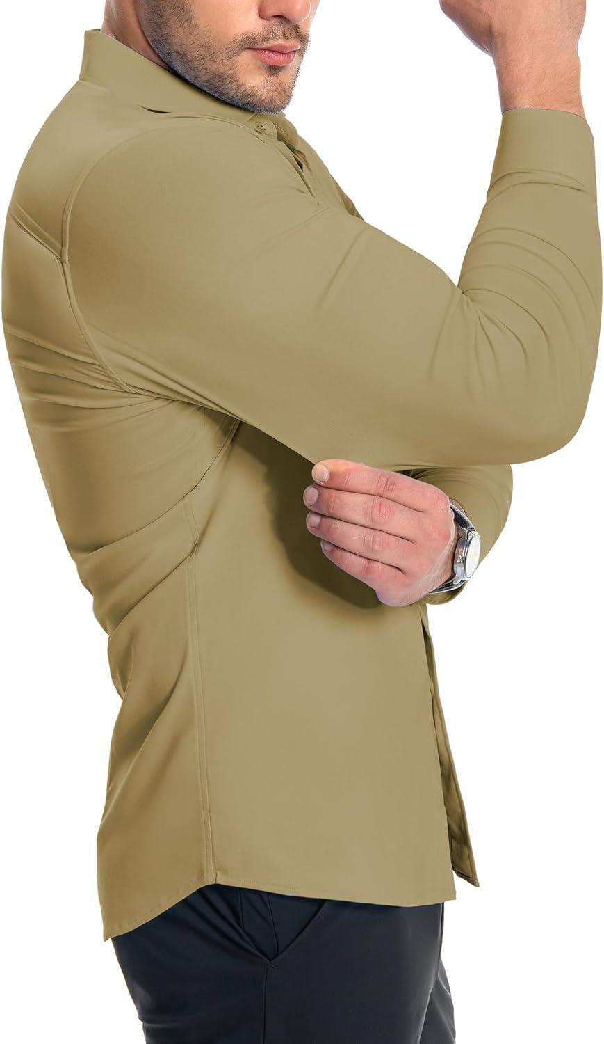 imageAlimens amp Gentle Mens Muscle Fit Dress Shirts Stretch Slim Fit Long Sleeve Button Down Shirts Business Formal Dress ShirtsKhaki