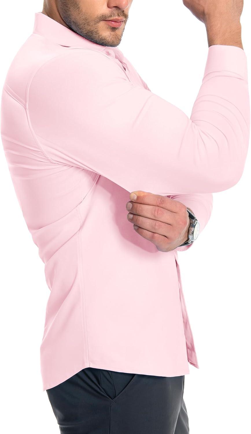 imageAlimens amp Gentle Mens Muscle Fit Dress Shirts Stretch Slim Fit Long Sleeve Button Down Shirts Business Formal Dress ShirtsPink