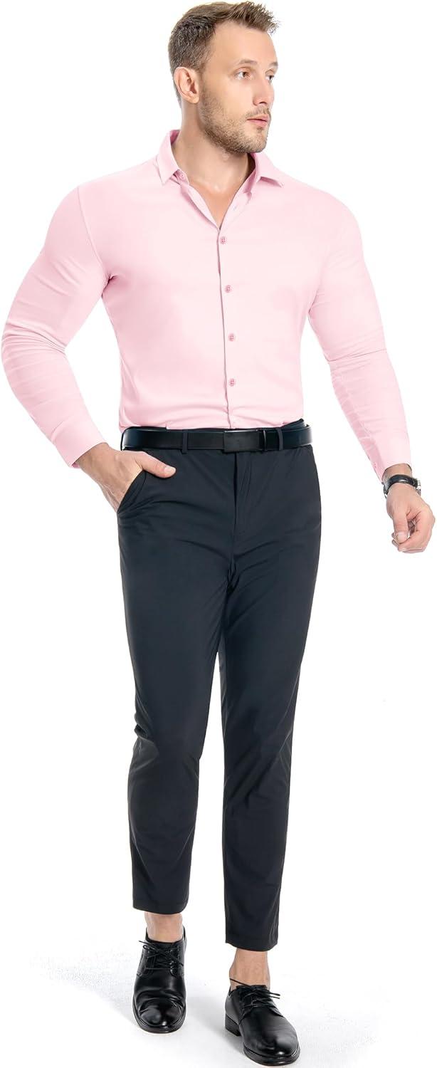 imageAlimens amp Gentle Mens Muscle Fit Dress Shirts Stretch Slim Fit Long Sleeve Button Down Shirts Business Formal Dress ShirtsPink