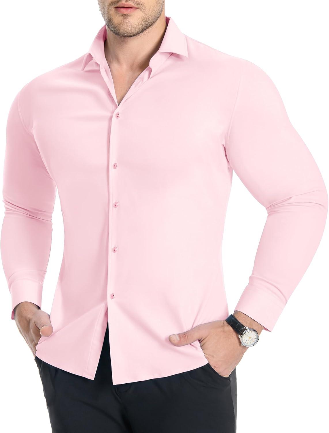 imageAlimens amp Gentle Mens Muscle Fit Dress Shirts Stretch Slim Fit Long Sleeve Button Down Shirts Business Formal Dress ShirtsPink