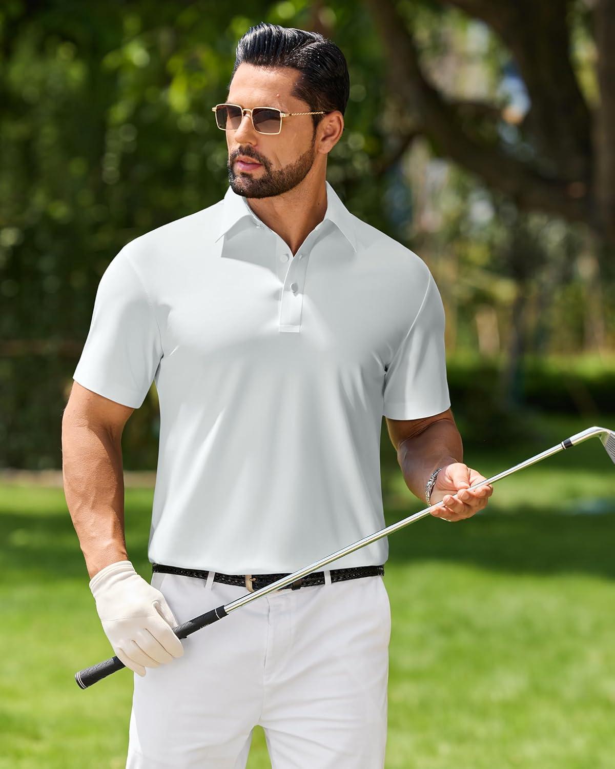 imageAlimens amp Gentle Mens Polo Shirt Stretch Short Sleeve Dry Fit Golf Shirts Moisture Wicking Breathable Tops Daily Tennis SportWhite