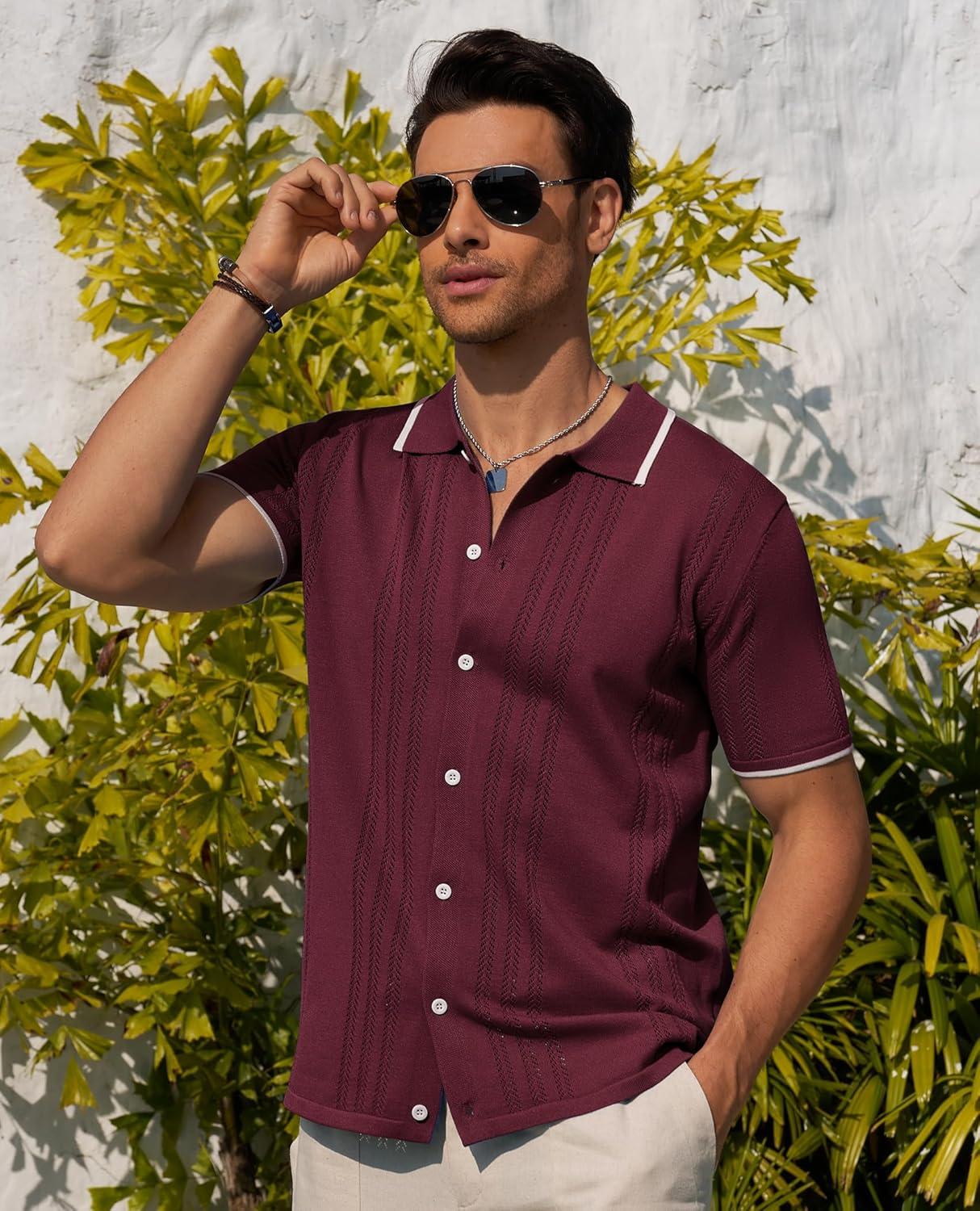 imageAlimens amp Gentle Mens Shirts Casual Button Down Shirts Beach Vintage Knit Short Sleeve Polo Shirt for Men01burgundy