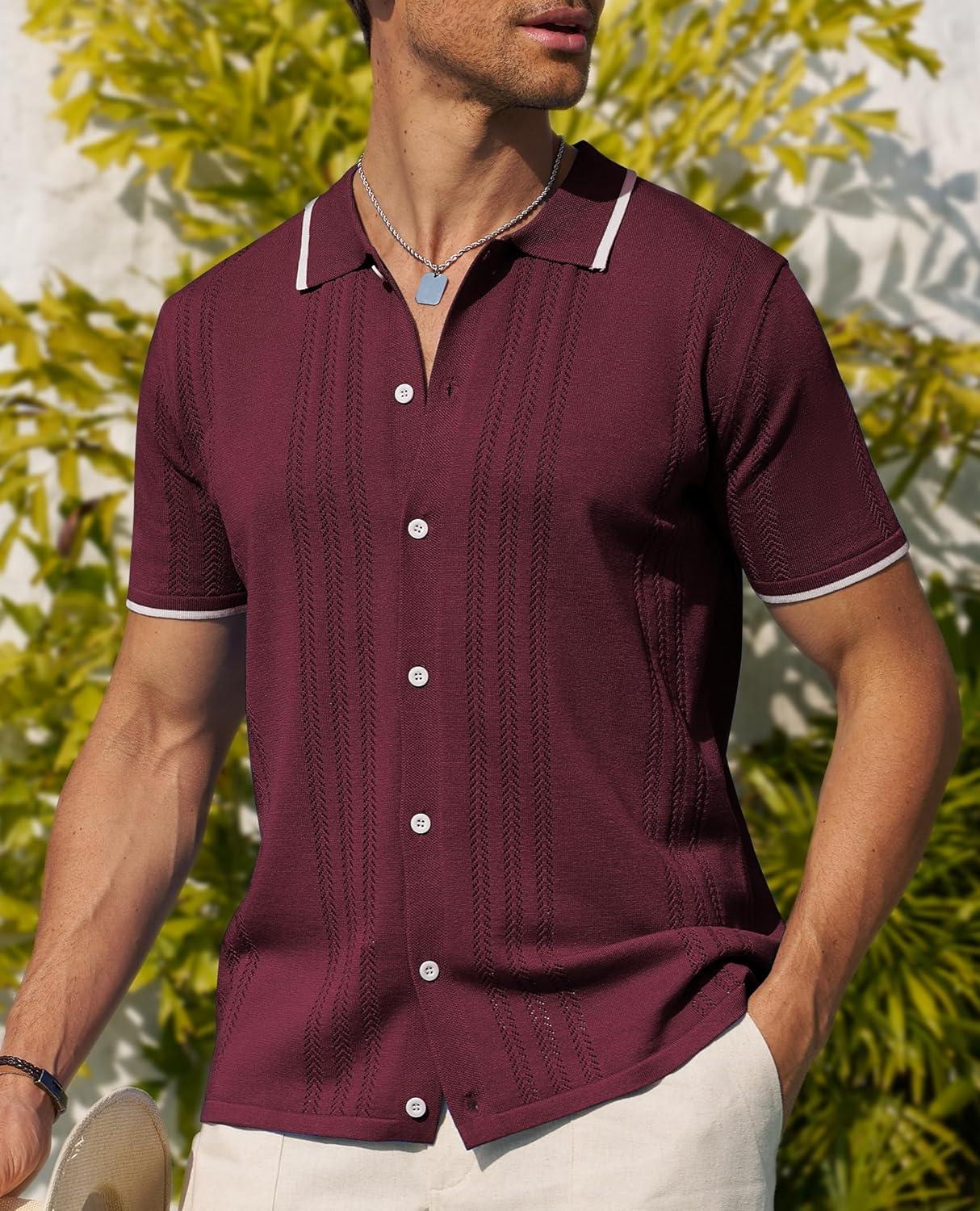 imageAlimens amp Gentle Mens Shirts Casual Button Down Shirts Beach Vintage Knit Short Sleeve Polo Shirt for Men01burgundy