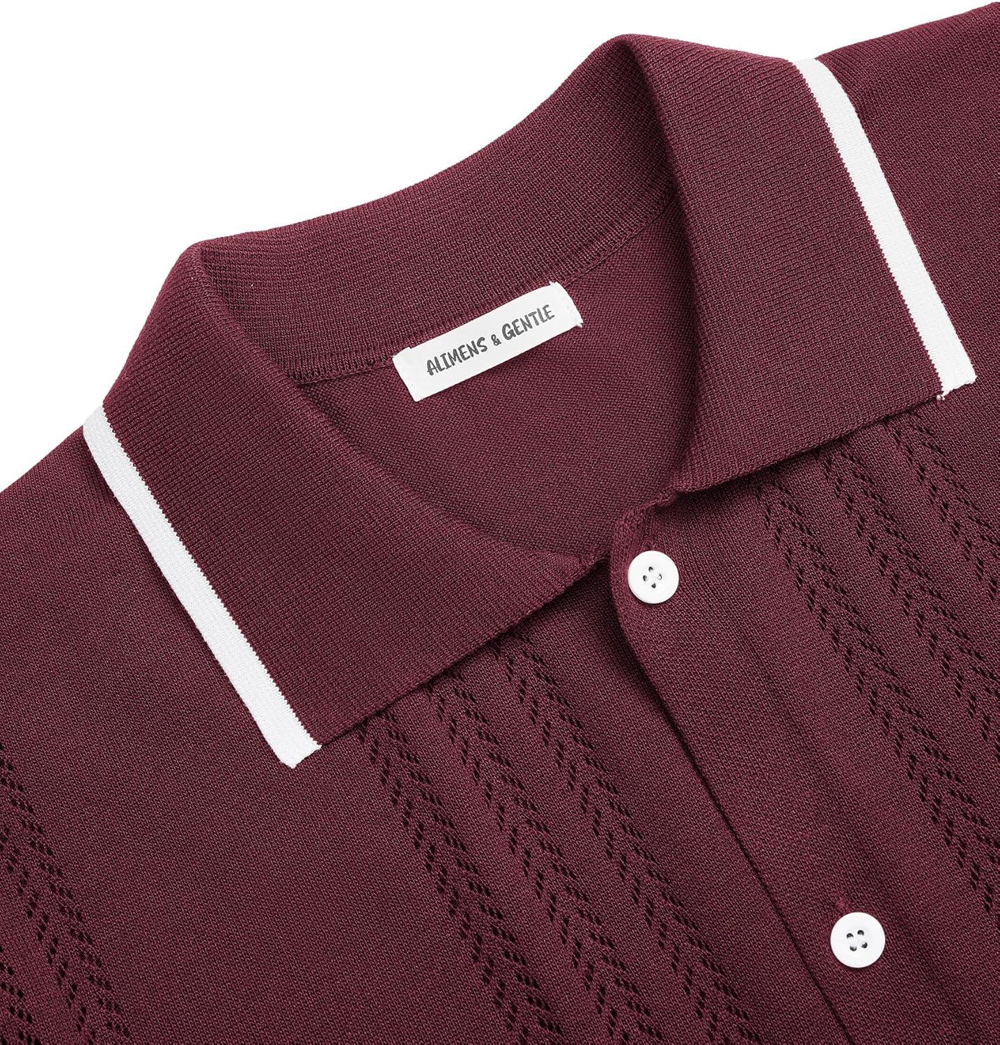 imageAlimens amp Gentle Mens Shirts Casual Button Down Shirts Beach Vintage Knit Short Sleeve Polo Shirt for Men01burgundy