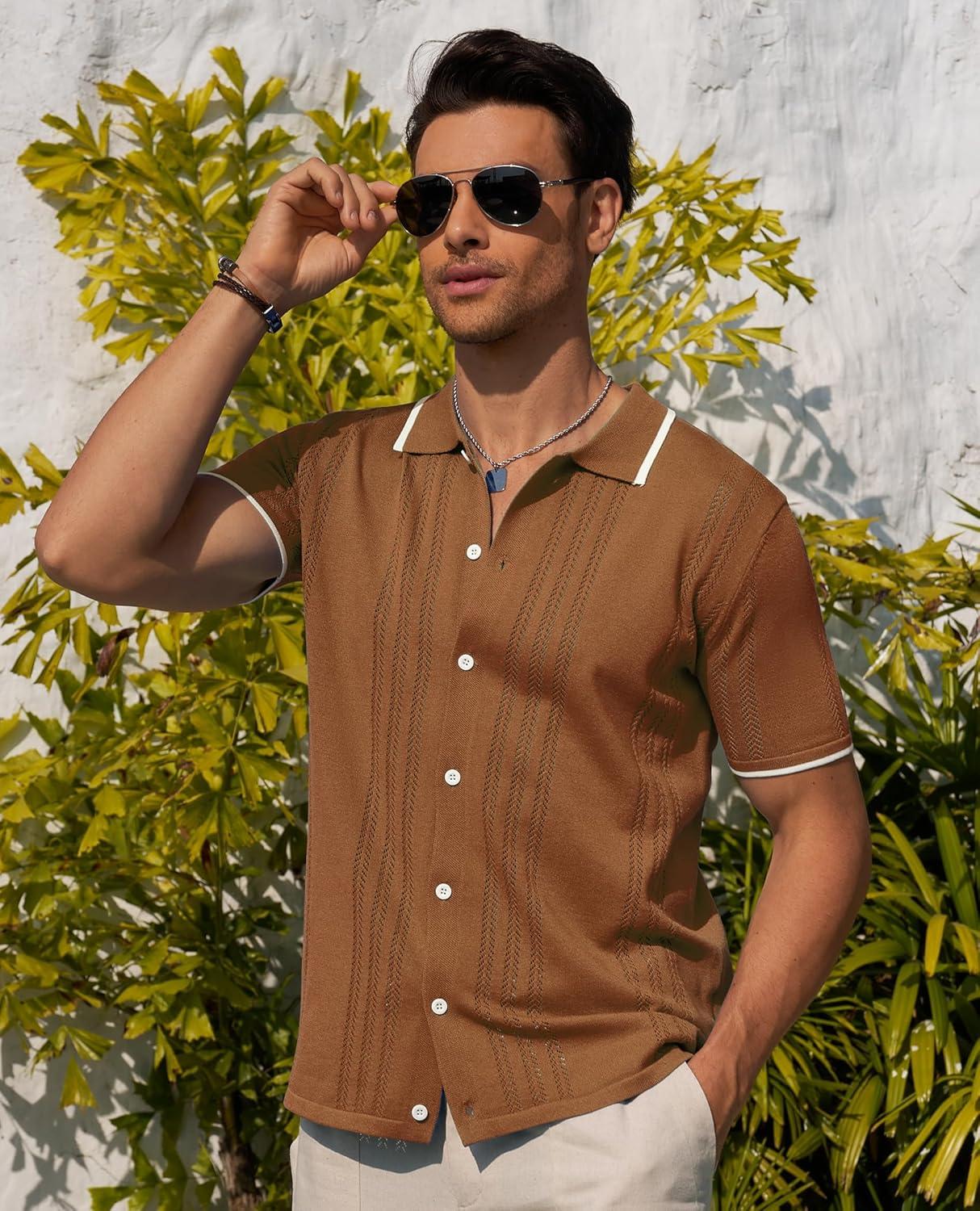 imageAlimens amp Gentle Mens Shirts Casual Button Down Shirts Beach Vintage Knit Short Sleeve Polo Shirt for Men02brown